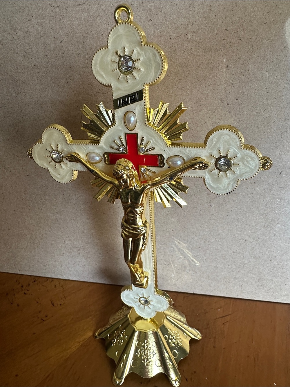 Gold and White Crucifix with Red Accent - Decorative Religious Cross